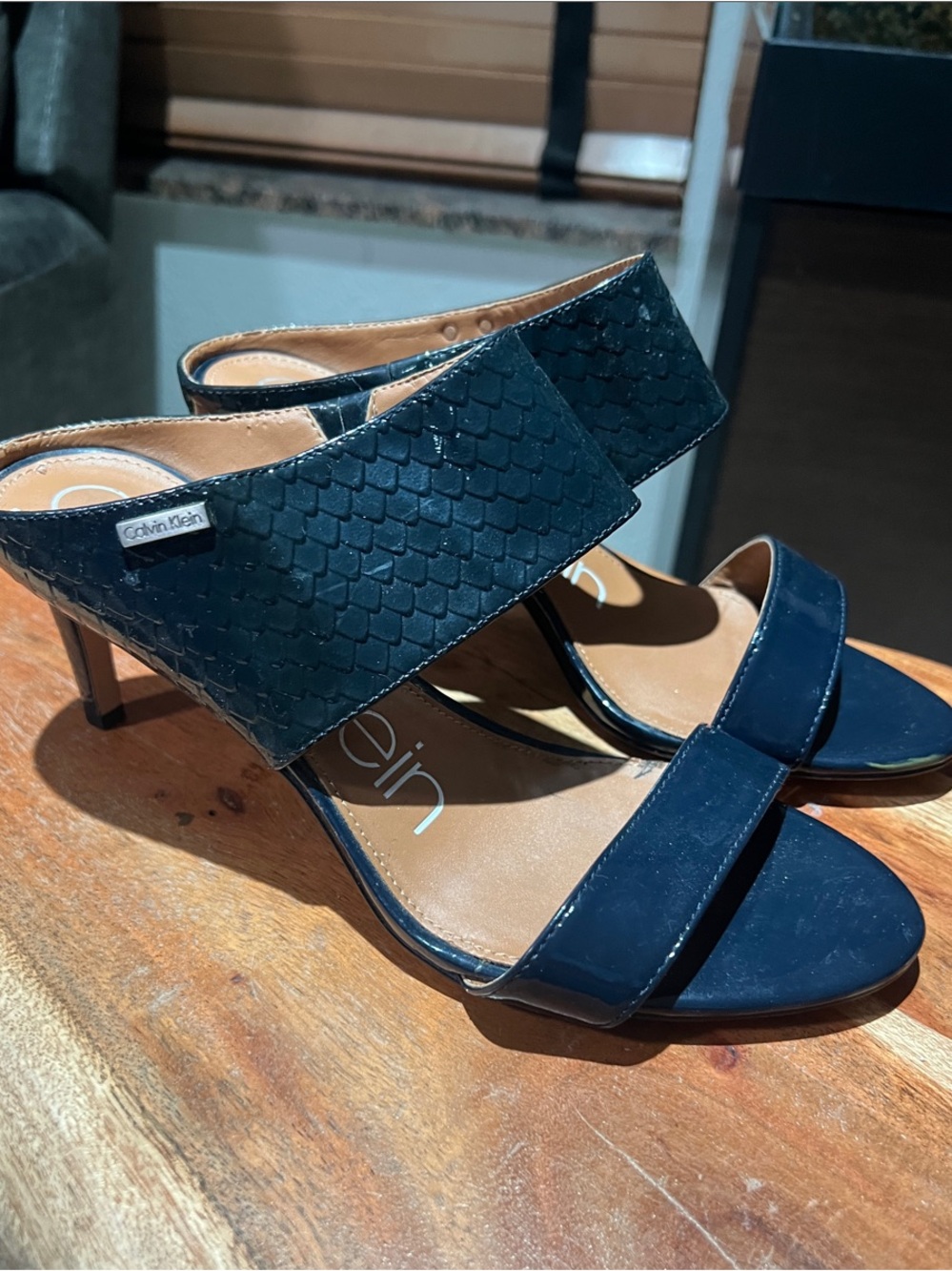 Calvin Klein Navy Textured Two-Band Heeled Sandals- New